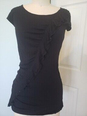 2000's Comfy Black Ruffle-Trim Cap Sleeve Blouse, S